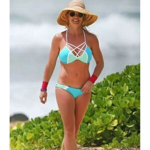 Victoria`s Secret PINK- M (D-DD)Aqua Blue Strappy Front Bikini Top & Bottom
